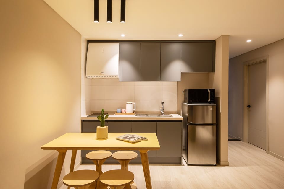 Mini-fridge, microwave, electric kettle