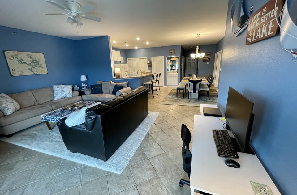 Two full-size couches and one loveseat seats 8 to 10 comfortably.