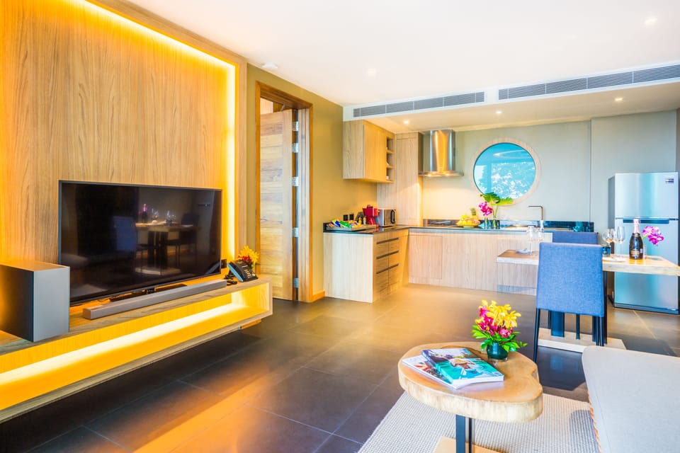 Villa, 1 Bedroom, Sea View | Living area | 55-inch TV with premium channels, fireplace