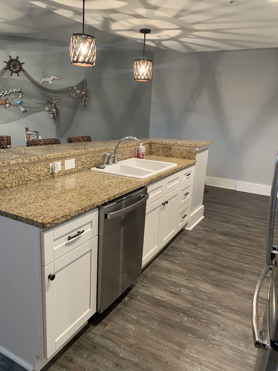 Kitchen Island that is open to the dining area for open seating. 
