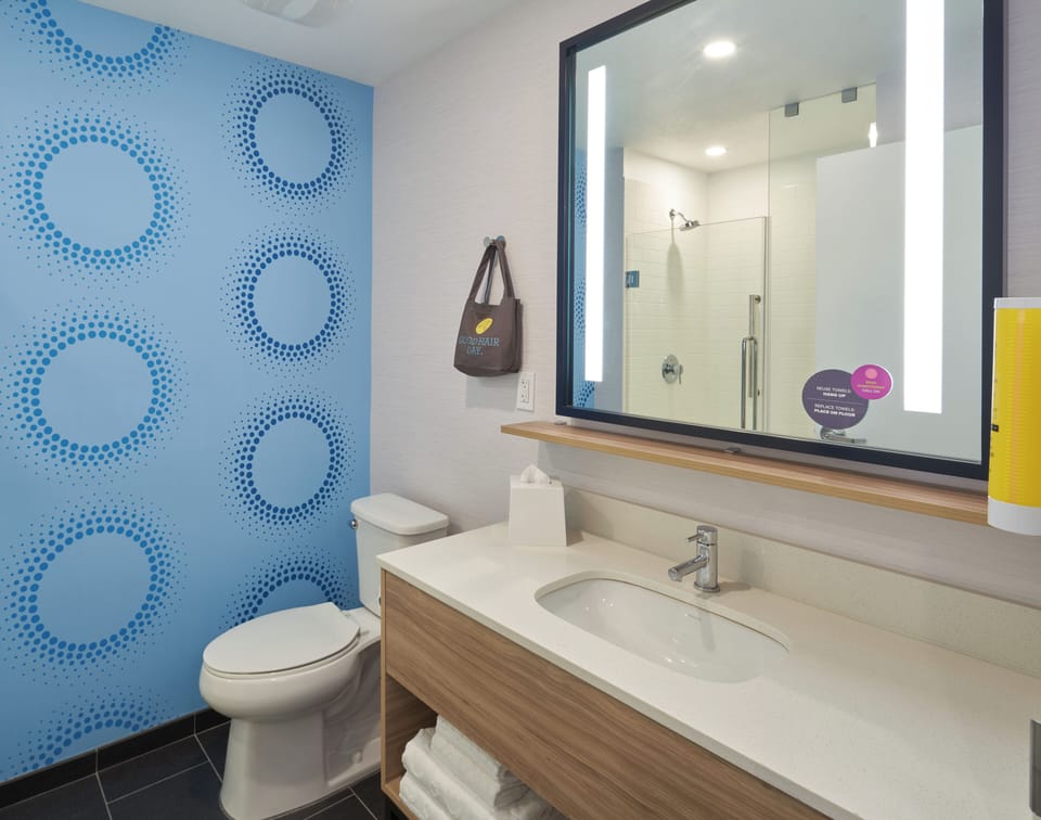 Hair dryer, towels, soap, shampoo