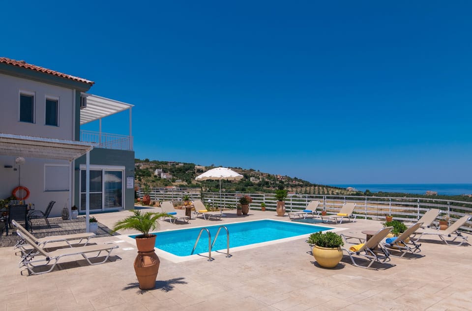 Main facade and the Swimming pool of Modern villa with unlimited sea views with private pool, Agia Triada, Rethymno,Crete