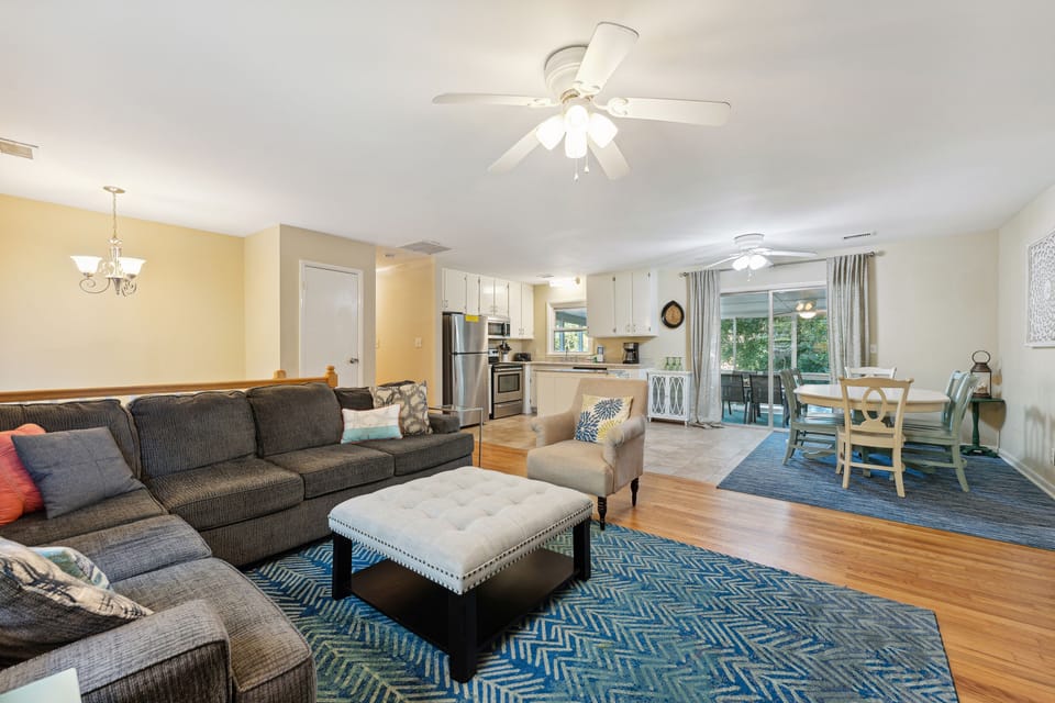 Open-concept living, dining and kitchen area.