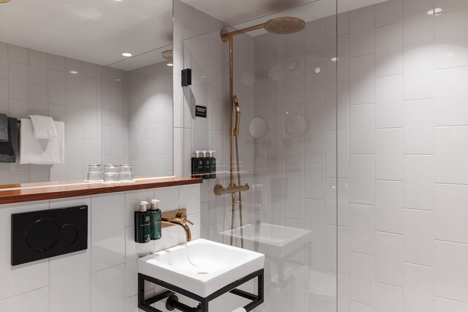 Hair dryer, towels, soap, shampoo
