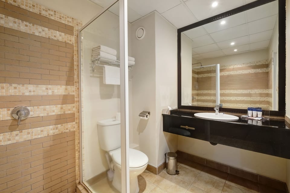 Shower, free toiletries, hair dryer, towels