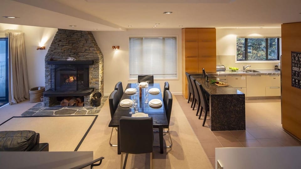 Birdseye view of dining & fireplace
