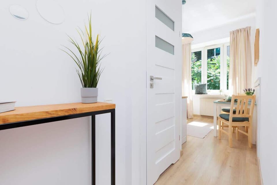 A small hallway with a plant on a shelf. The space is compact yet practical.