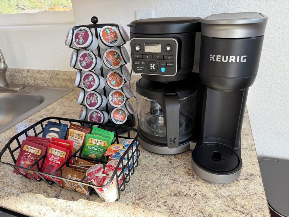Starbucks coffee, hot chocolate, and an assortment of tea.