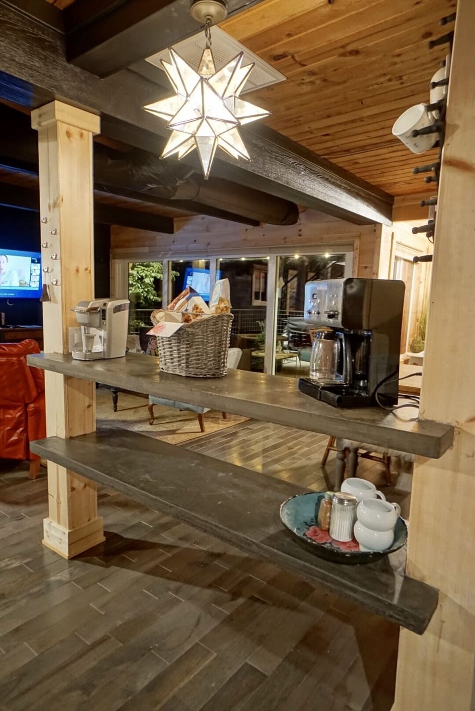 Coffee bar includes drip and Keurig machines.