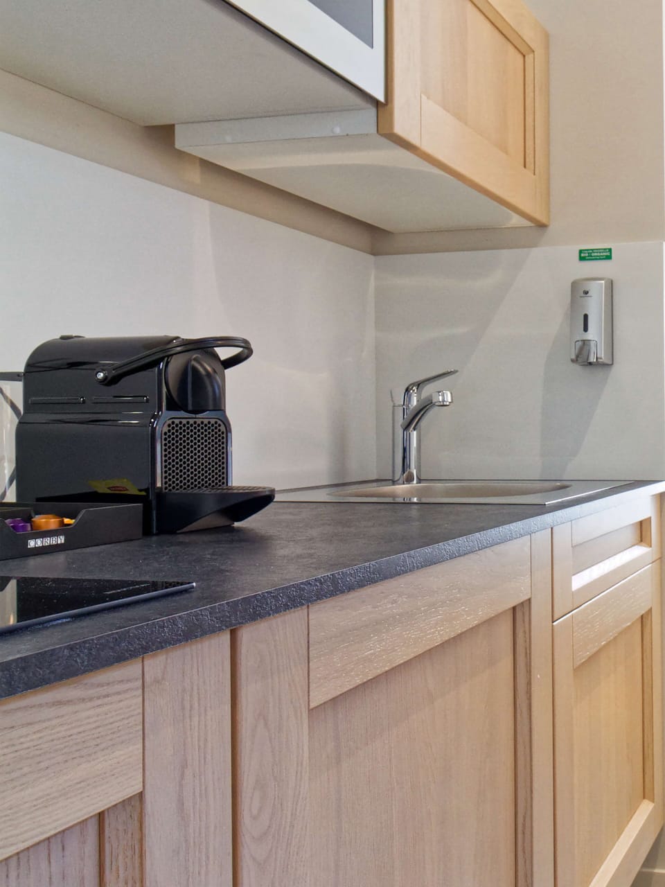 Mini-fridge, microwave, stovetop, espresso maker