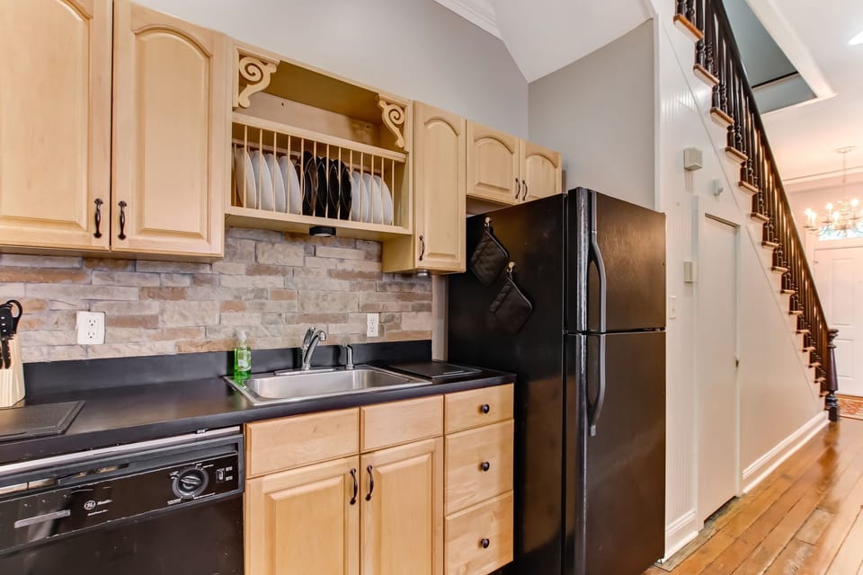 Cabinetry and drawers hold everything you need for dining and basic meal prep. 