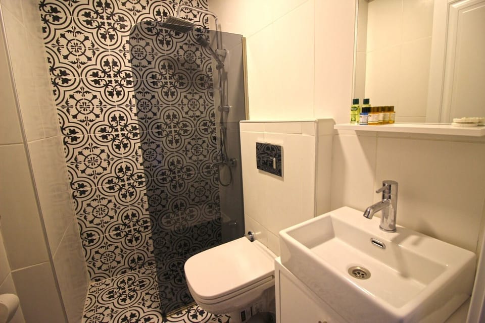 Shower, hydromassage showerhead, hair dryer, towels