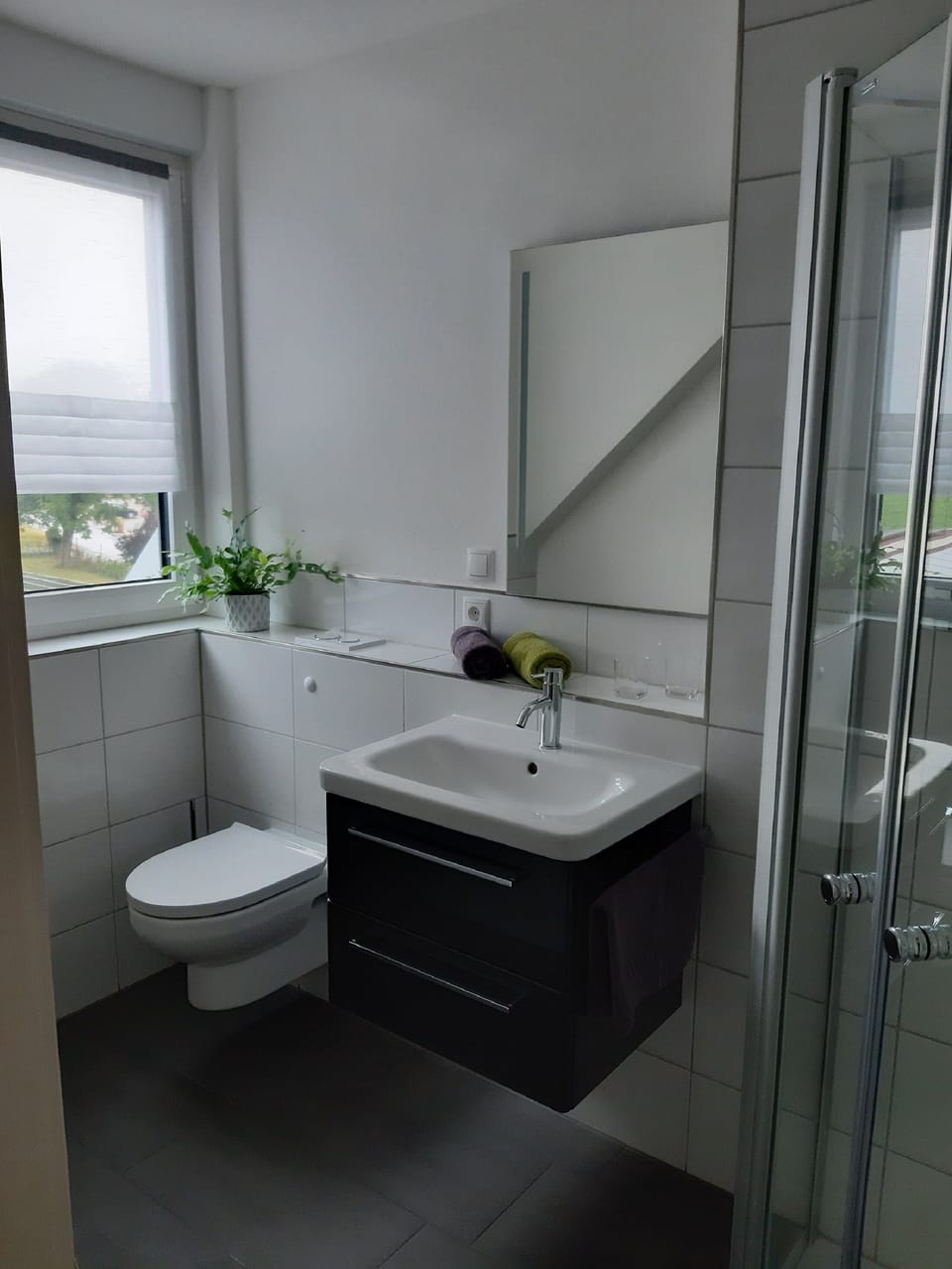 Double Room | Bathroom | Shower, hair dryer, towels, toilet paper