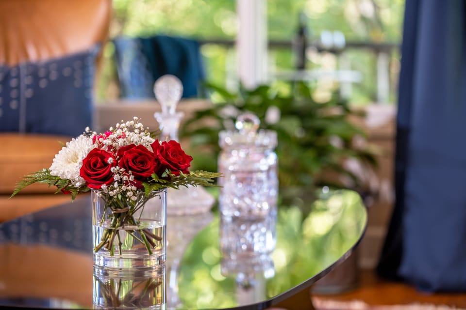 Flat-screen TV, fireplace