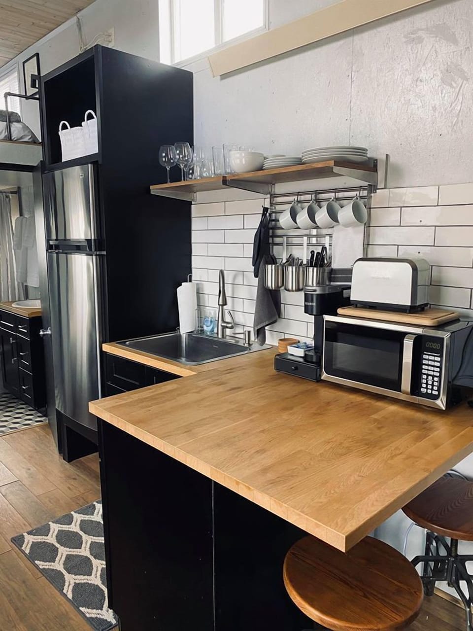 Sage Hill Tiny Home | Private kitchen | Microwave, toaster, cookware/dishes/utensils, paper towels