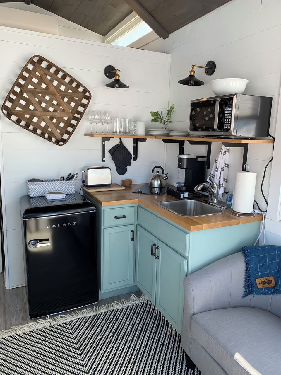 Farmhouse Tiny Home | Private kitchen | Microwave, toaster, cookware/dishes/utensils, paper towels