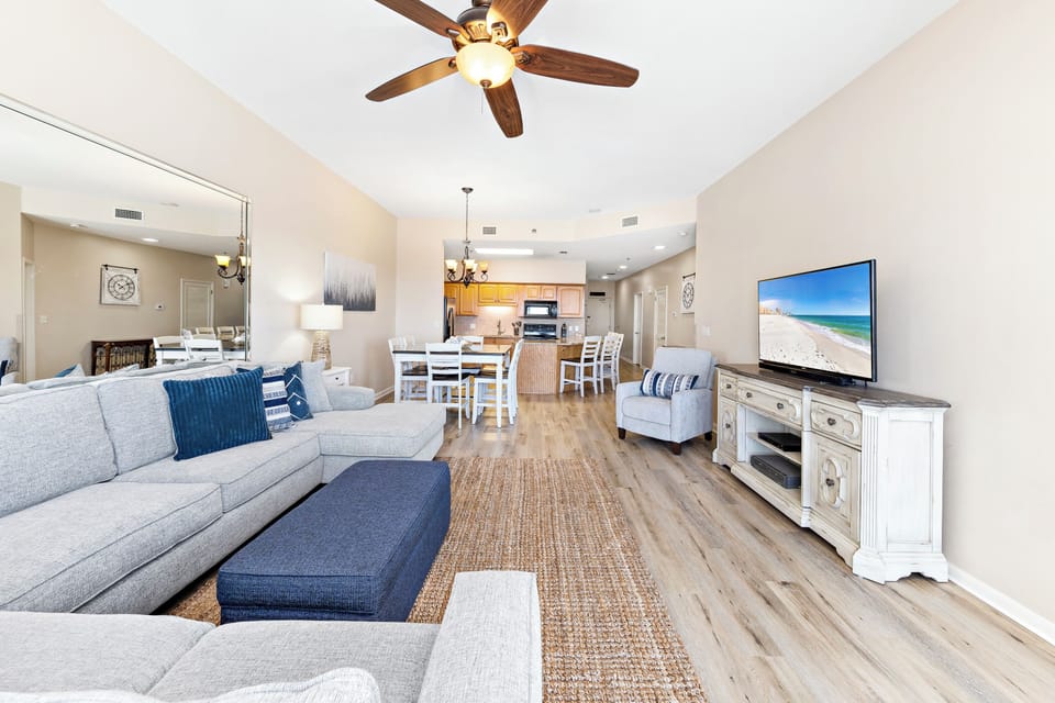 Newly updated spacious Living Room with Plenty of comfortable seating and Beachfront Private Balcony