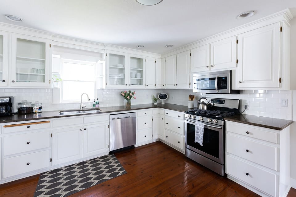Kitchen has ample counter space for prep, cooking and serving. 