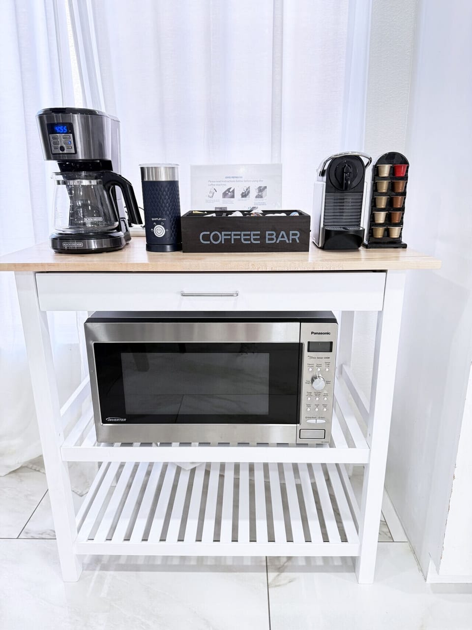Fully Equipped Coffee Station with Nespresso Machine & Pods, Dripping Machine with Coffee, Sugar Tea and everything needed for the perfect coffee