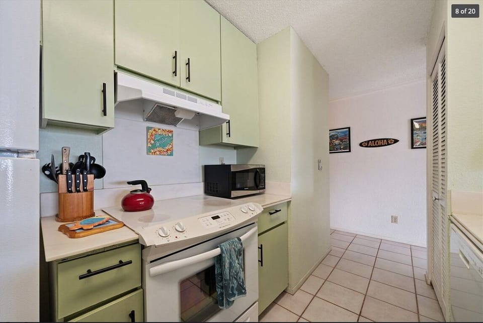 Efficient Galley Kitchen complete with Plates Skillets, Pots, and Cutlery.  