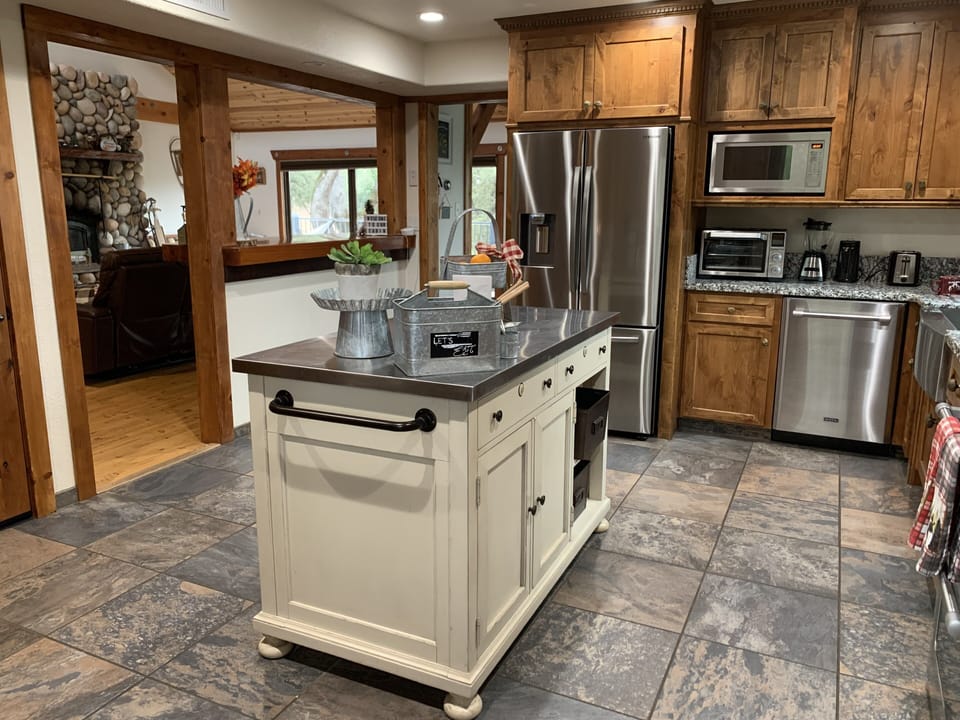 Fully equipped chefs kitchen with split gas  oven, microwave, air fryer and more
