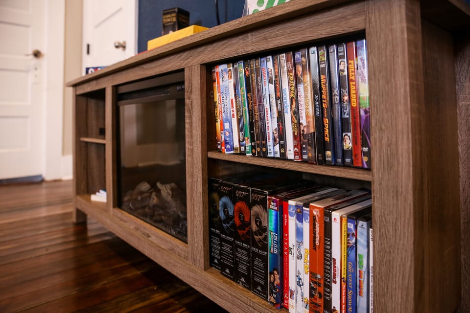 You'll find a wide selection of DVDs for quiet nights in. Faux fire place too!