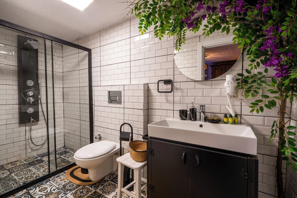 Shower, rainfall showerhead, hair dryer, slippers