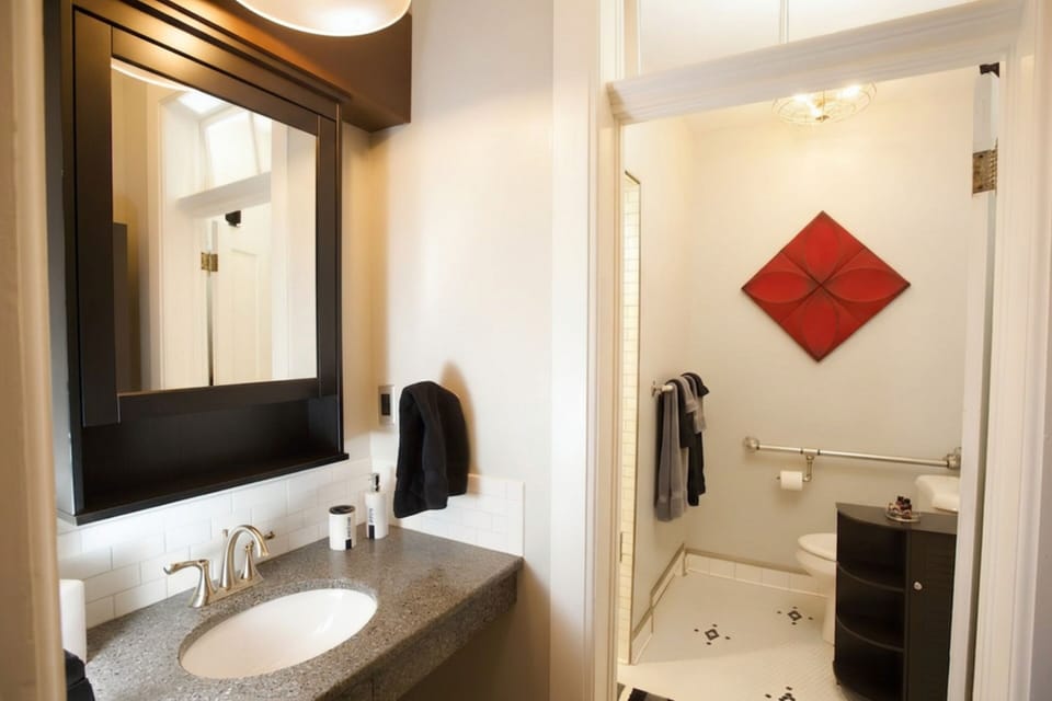 Mirror cabinet can store personal toiletries. Historic door can be closed to shower and toilet.
