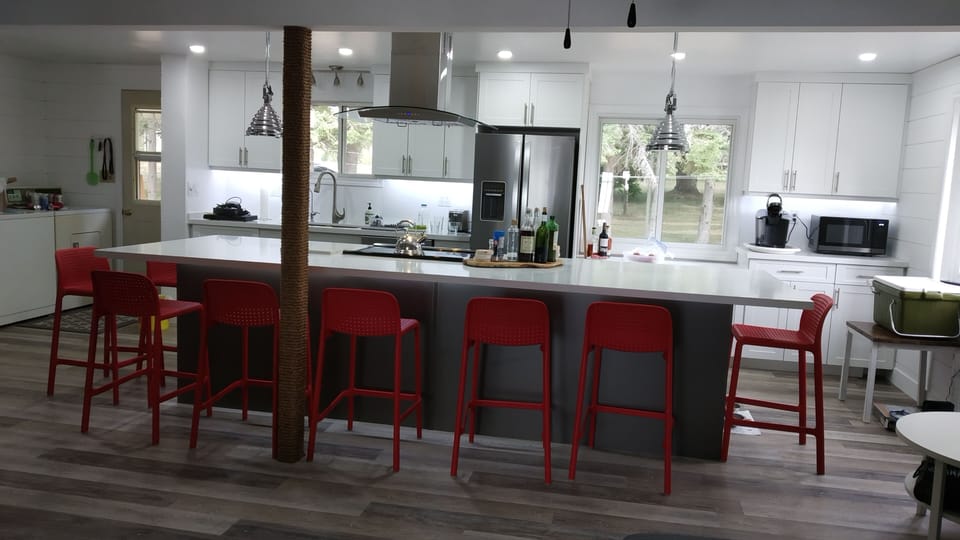 Kitchen with seating for 8.