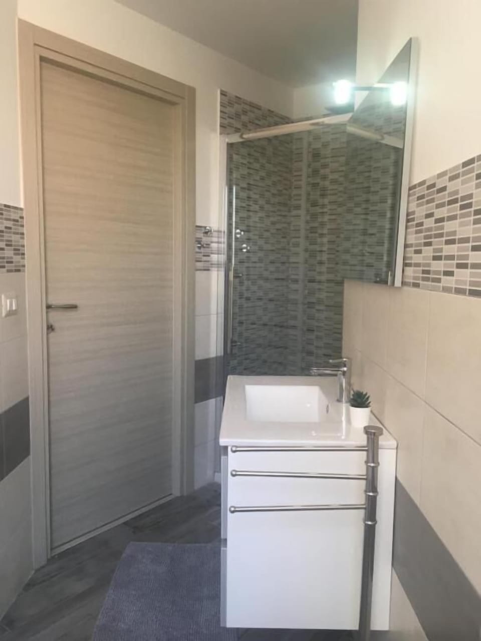 Shower, rainfall showerhead, hair dryer, bathrobes