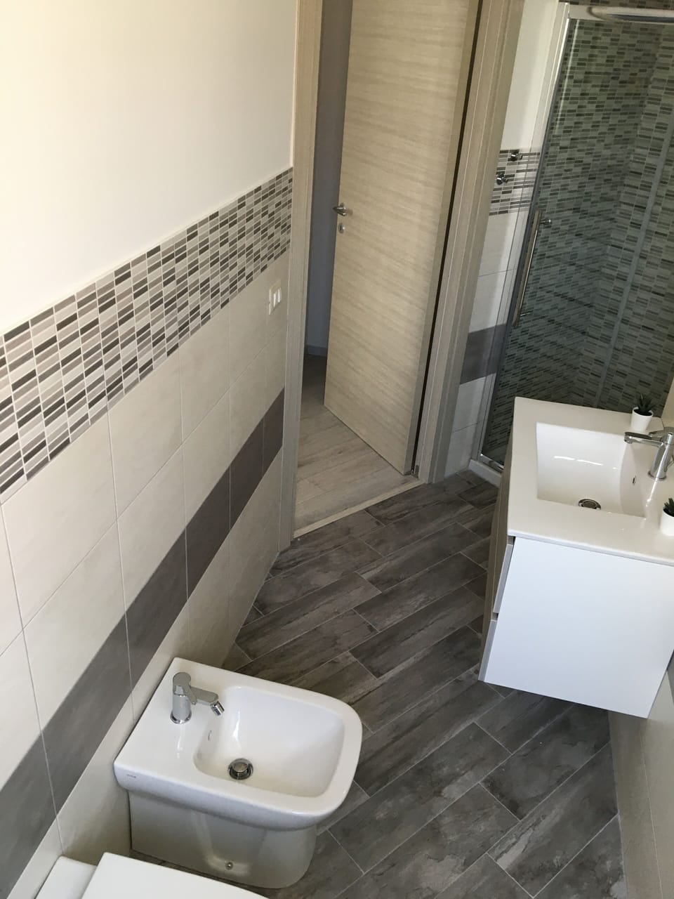 Shower, rainfall showerhead, hair dryer, bathrobes