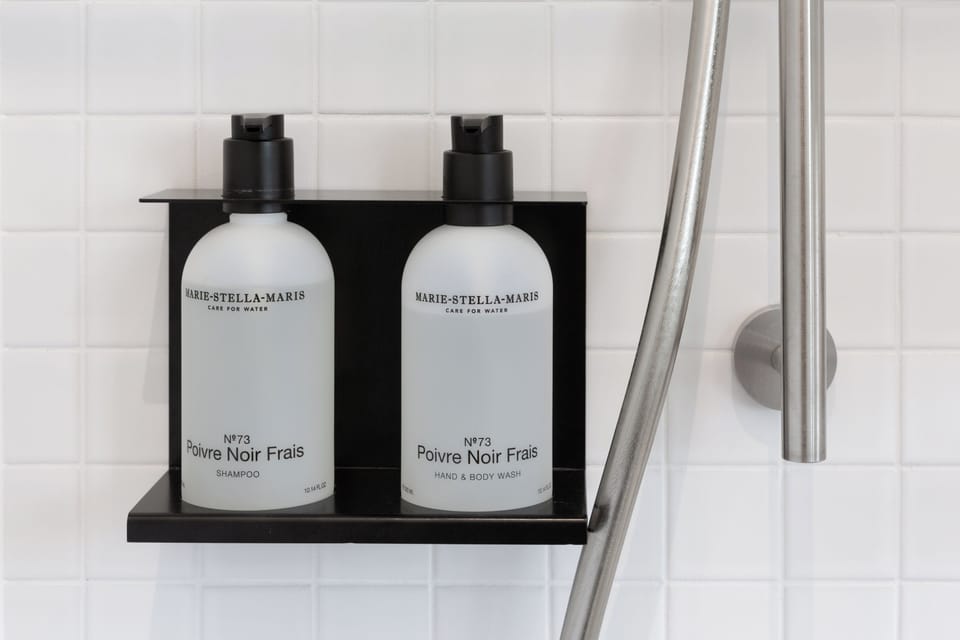 Shower, eco-friendly toiletries, hair dryer, towels