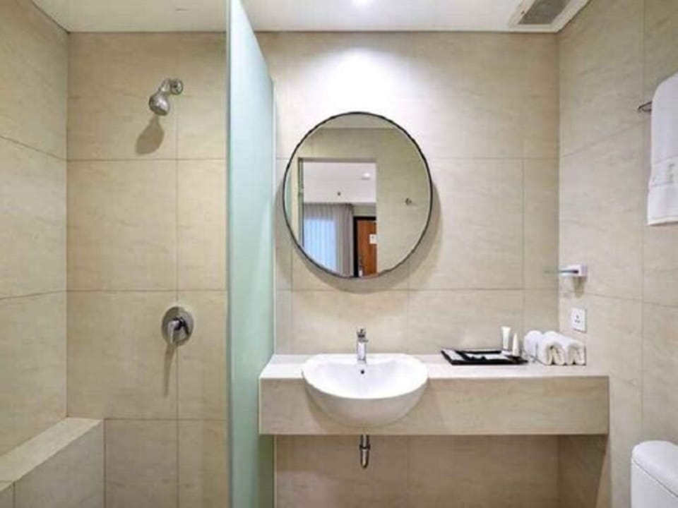 Shower, slippers, towels, soap