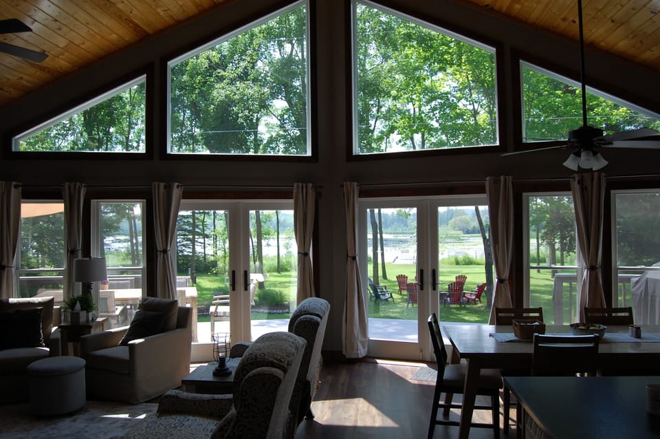 View from inside the home. 22' vaulted ceiling in open living area.