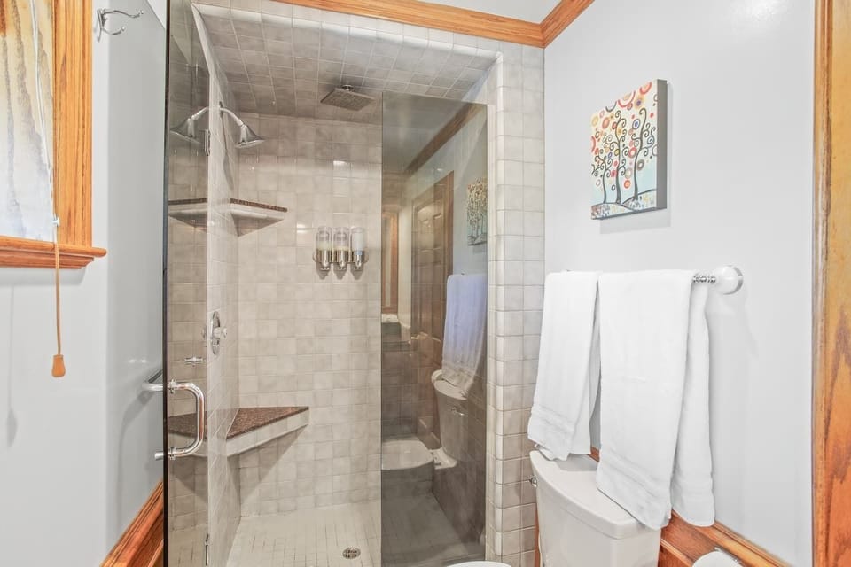 Guest bathroom is adjacent to two bedrooms on the guest wing of the house. Custom handcrafted woodwork along with premium towels, toiletry supplies await you. Please ask about any special accommodations if needed.