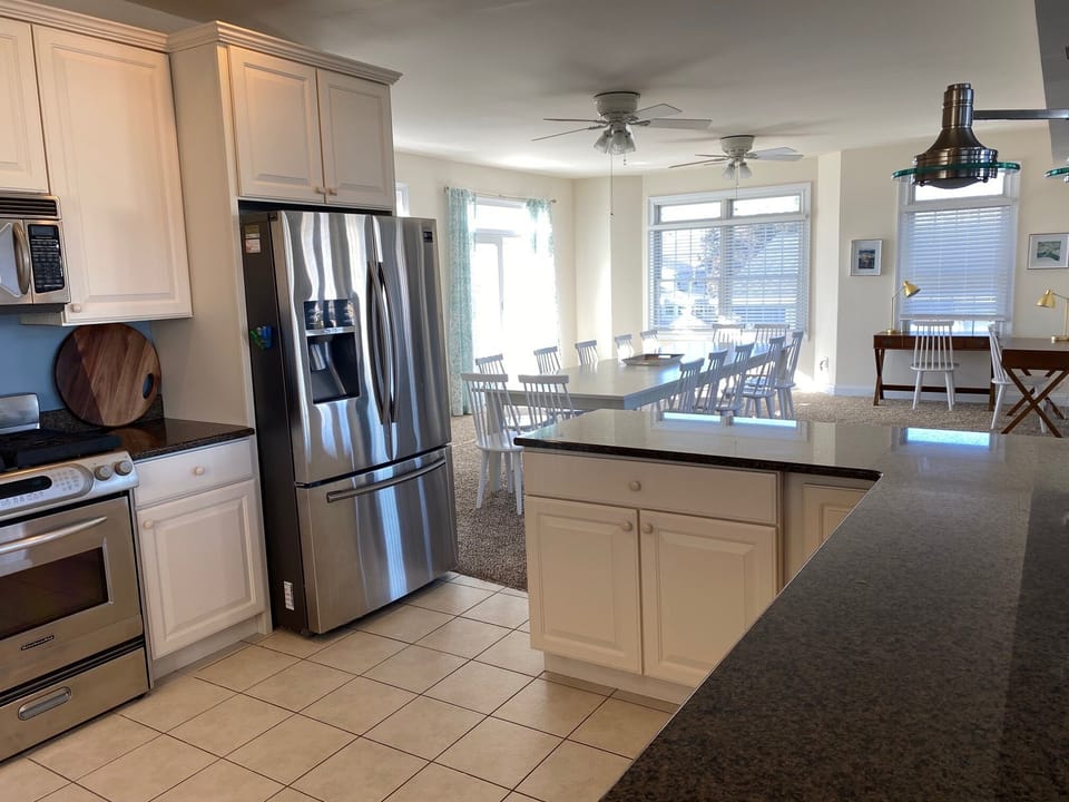 View from the kitchen looking into the dining area. 