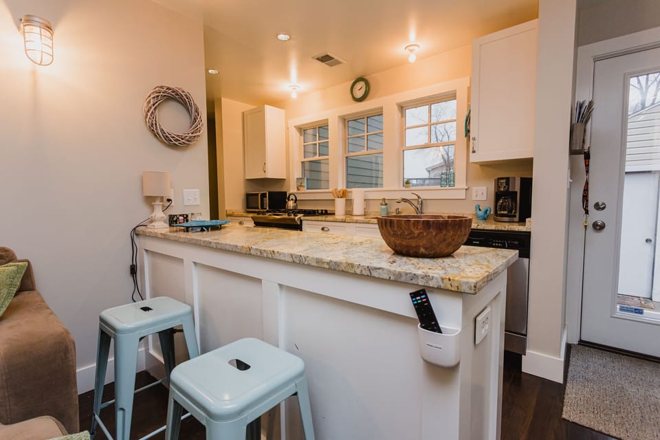 Convenient counter seating for morning coffee for adults or cereal for the kids!