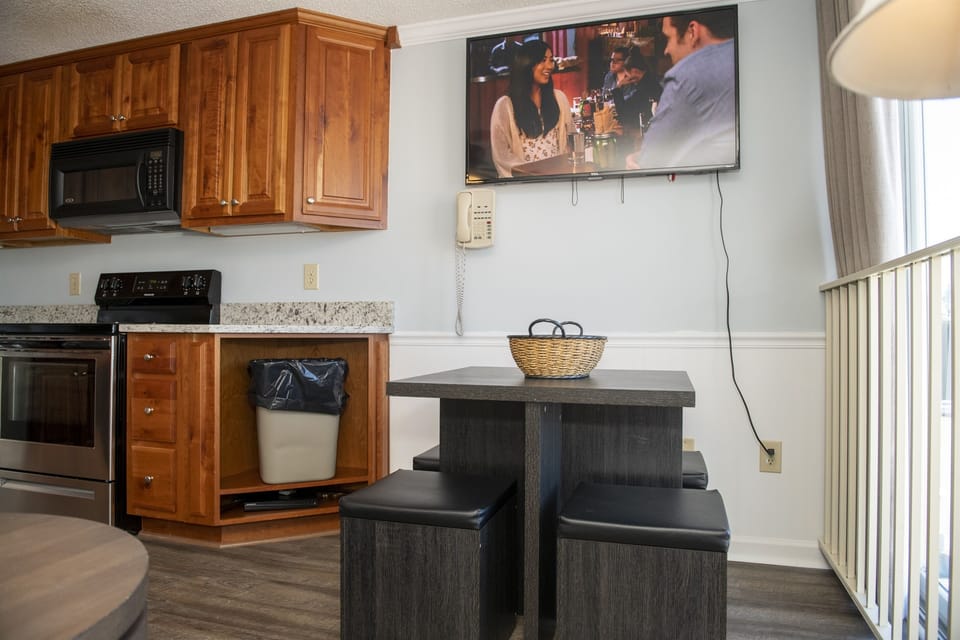 Your entertainment options include flat-screen wall-mounted Smart TV.
