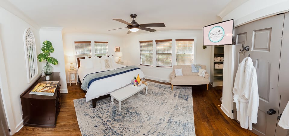 Primary bedroom with king bed with new Zinus foam mattress and Roku Smart TV