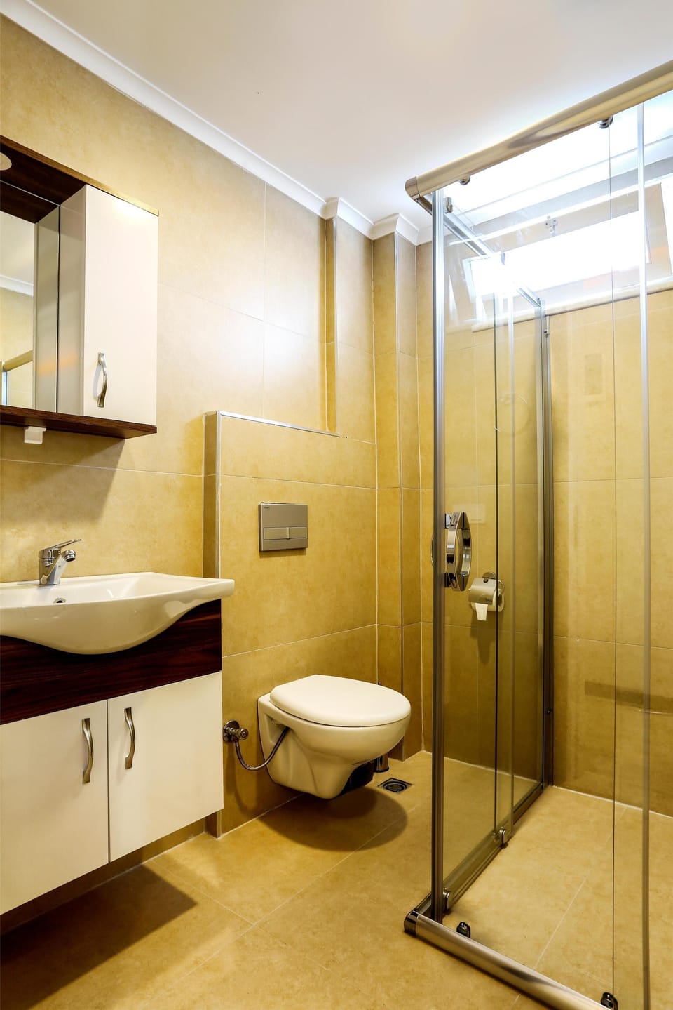 Shower, rainfall showerhead, designer toiletries, hair dryer