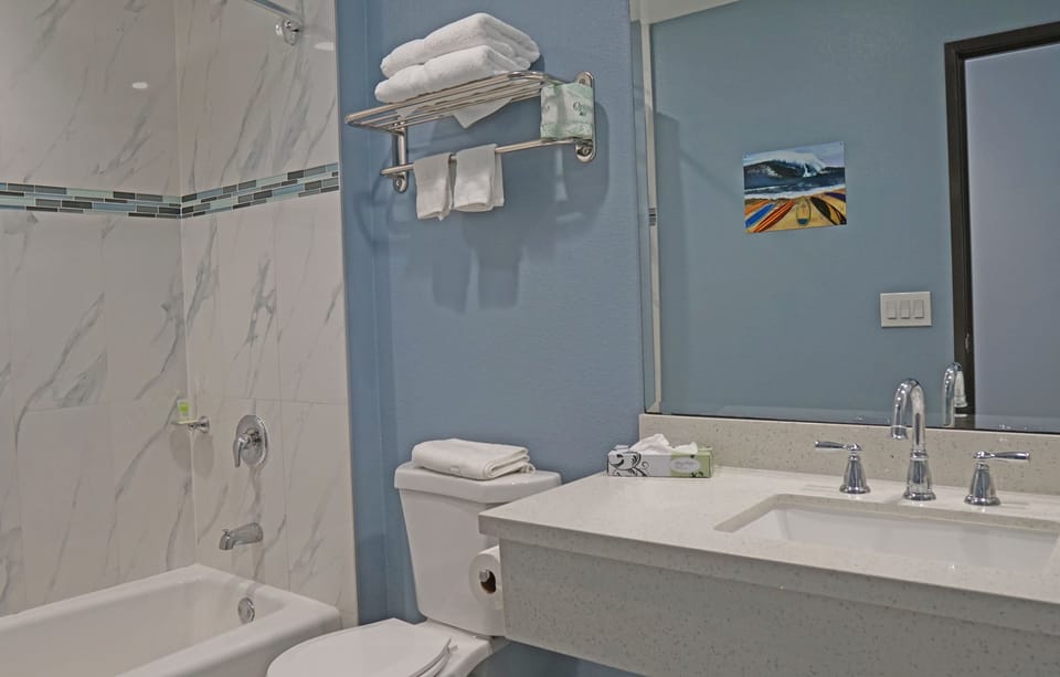 Combined shower/tub, free toiletries, hair dryer, towels