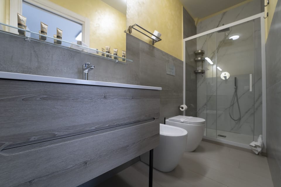 Shower, rainfall showerhead, free toiletries, hair dryer
