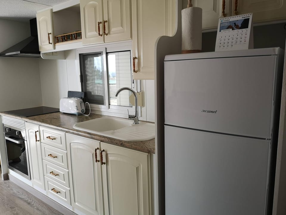 Full-size fridge, microwave, stovetop, electric kettle
