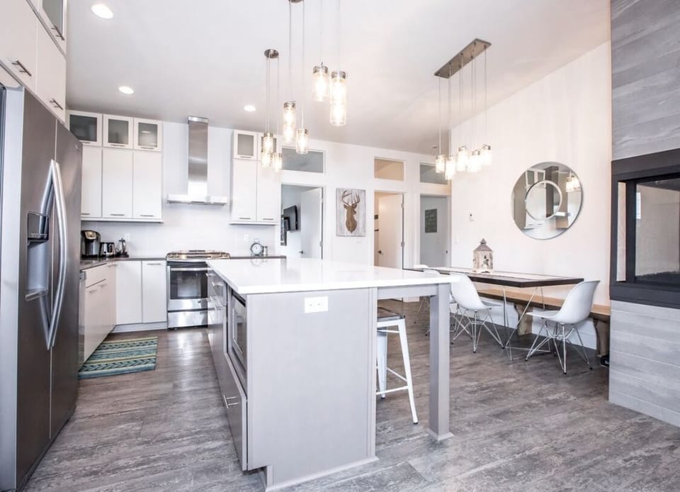 Kitchen and dining area with fireplace