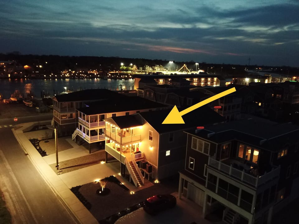 Front of house at night looking toward Lewes Canal and Overfalls