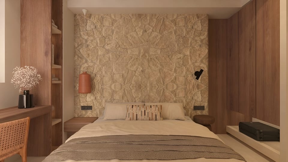 Soft neutral tones and clean architectural lines create a serene bedroom.