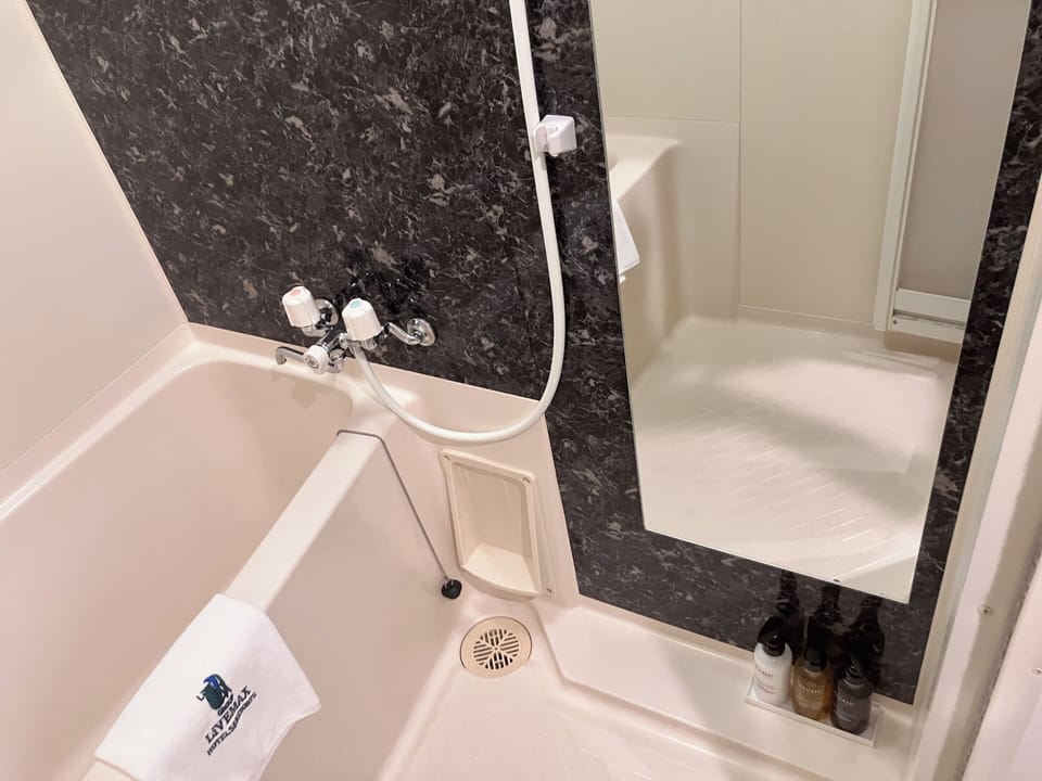 Combined shower/tub, deep soaking tub, free toiletries, hair dryer