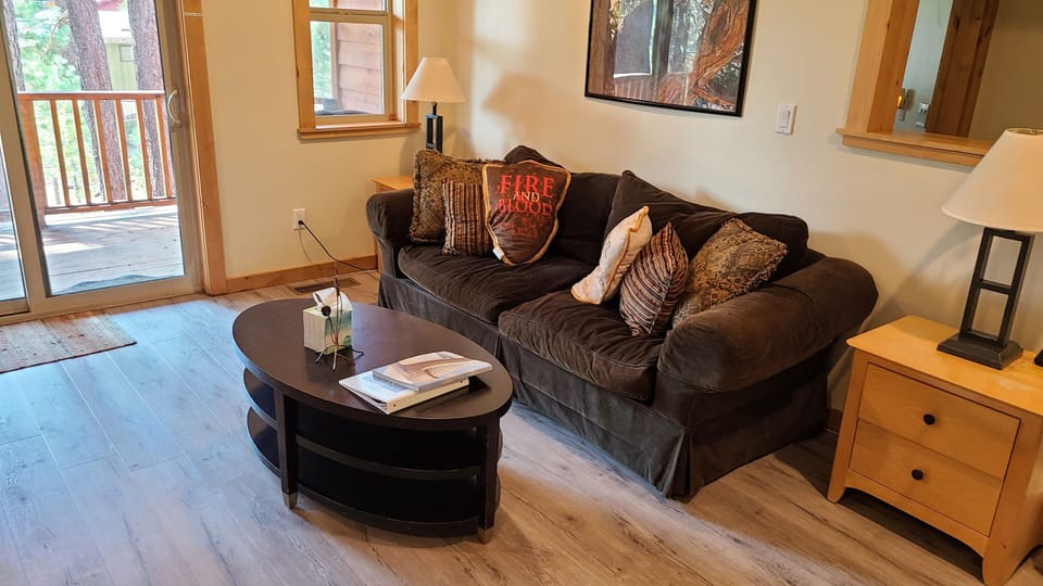Downstairs living room couch with comfy pillows, downstairs deck to forest view