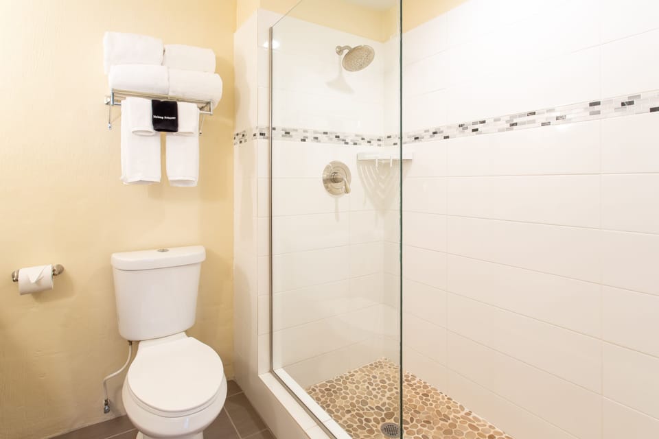 Shower, free toiletries, hair dryer, towels