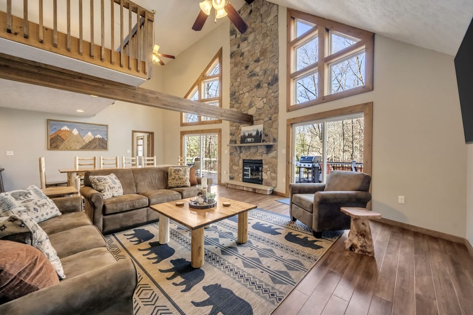 Spacious and Rustic Open 2nd Floor Great Room with Massive Fireplace Wall